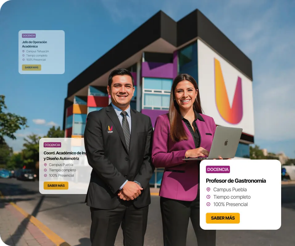 Explora nuestras vacantes UVP: Jefe de Operación Académica, Coord. Académico de Ing. Mecánica y Diseño Automotriz, Profesor de Gastronomía